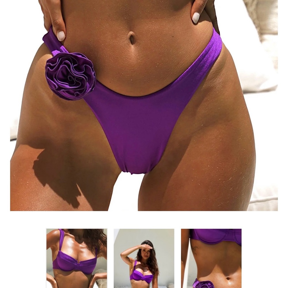 Vibrant Purple High-Cut Bikini Bottom with Floral Detail
